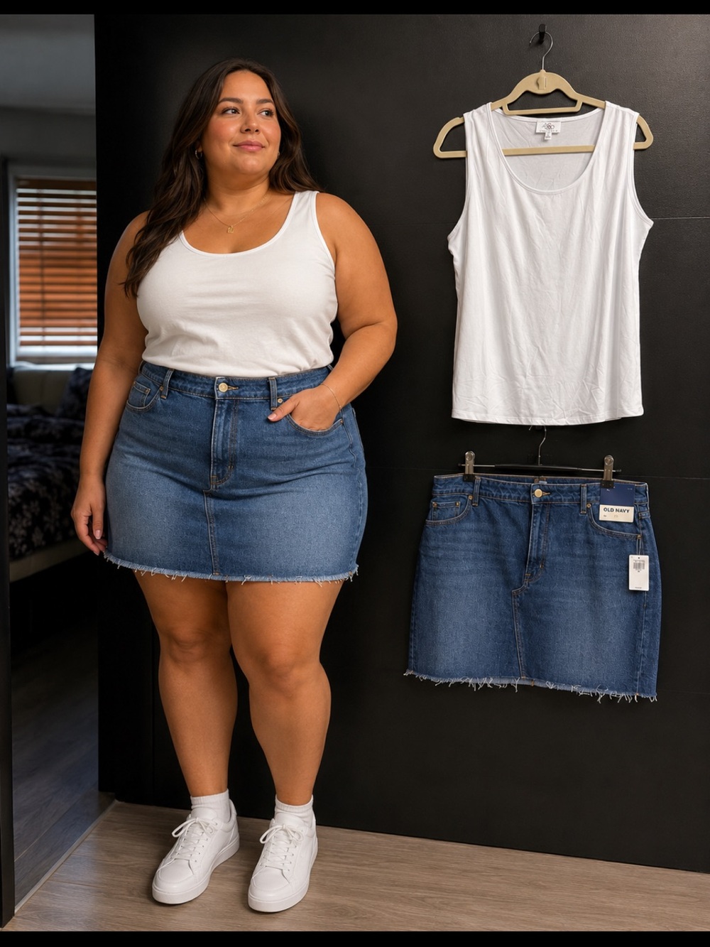 Old Navy White Tank Top with Blue Denim Mini Skirt Set